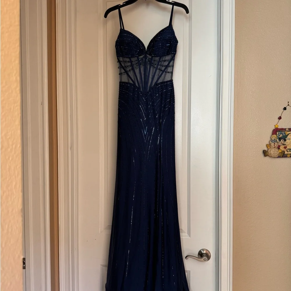 Ellie Wilde Navy Beaded Prom Gown - Picture 5 of 5